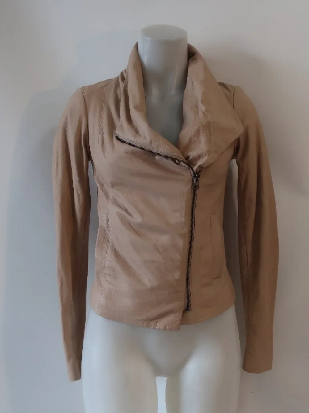Womens Vince Beige (Item- 304) Mixed Media Ribbed Zip Leather Scuba Jacket XS